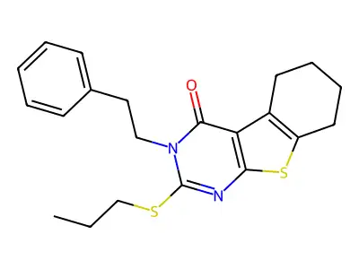 3-(2-phenylethyl)-2-(propylsulfanyl)-5,6,7,8-tetrahydro[1]benzothieno[2,3-d]pyrimidin-4(3H)-one structure