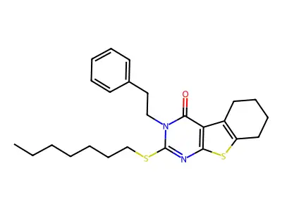 2-(heptylsulfanyl)-3-(2-phenylethyl)-5,6,7,8-tetrahydro[1]benzothieno[2,3-d]pyrimidin-4(3H)-one structure