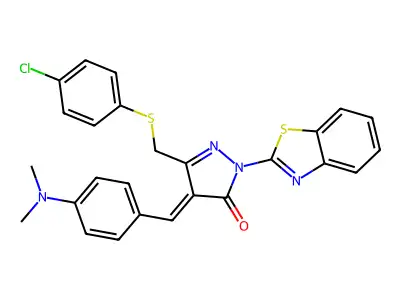 (4E)-2-(1,3-benzothiazol-2-yl)-5-[(4-chlorophenyl)sulfanylmethyl]-4-[[4-(dimethylamino)phenyl]methylidene]pyrazol-3-one structure