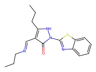 2-(1,3-benzothiazol-2-yl)-5-propyl-4-[(E)-(propylimino)methyl]-1,2-dihydro-3H-pyrazol-3-one structure