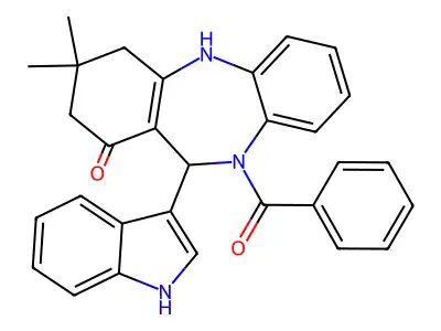 11-(1H-indol-3-yl)-3,3-dimethyl-10-(phenylcarbonyl)-2,3,4,5,10,11-hexahydro-1H-dibenzo[b,e][1,4]diazepin-1-one structure