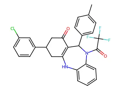 9-(3-chlorophenyl)-6-(4-methylphenyl)-5-(2,2,2-trifluoroacetyl)-8,9,10,11-tetrahydro-6H-benzo[b][1,4]benzodiazepin-7-one structure