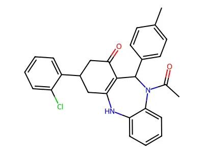 5-acetyl-9-(2-chlorophenyl)-6-(4-methylphenyl)-8,9,10,11-tetrahydro-6H-benzo[b][1,4]benzodiazepin-7-one structure