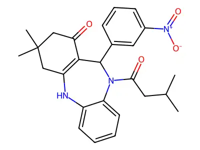 3,3-dimethyl-10-(3-methylbutanoyl)-11-(3-nitrophenyl)-2,3,4,5,10,11-hexahydro-1H-dibenzo[b,e][1,4]diazepin-1-one structure