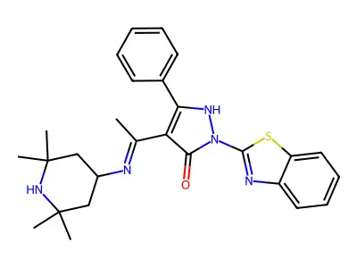2-(1,3-benzothiazol-2-yl)-5-phenyl-4-[(1E)-N-(2,2,6,6-tetramethylpiperidin-4-yl)ethanimidoyl]-1,2-dihydro-3H-pyrazol-3-one structure