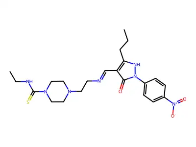 (E)-N-ethyl-4-(2-(((1-(4-nitrophenyl)-5-oxo-3-propyl-1H-pyrazol-4(5H)-ylidene)methyl)amino)ethyl)piperazine-1-carbothioamide structure