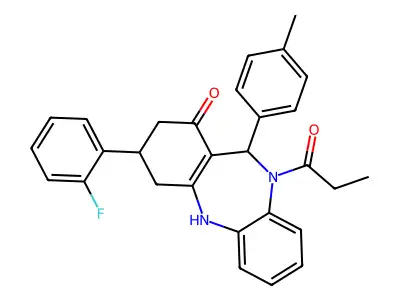 3-(2-fluorophenyl)-11-(4-methylphenyl)-10-propanoyl-2,3,4,5,10,11-hexahydro-1H-dibenzo[b,e][1,4]diazepin-1-one structure