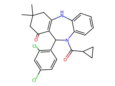 10-(cyclopropylcarbonyl)-11-(2,4-dichlorophenyl)-3,3-dimethyl-2,3,4,5,10,11-hexahydro-1H-dibenzo[b,e][1,4]diazepin-1-one structure