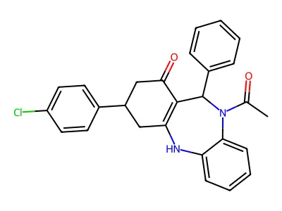 10-acetyl-3-(4-chlorophenyl)-11-phenyl-2,3,4,5,10,11-hexahydro-1H-dibenzo[b,e][1,4]diazepin-1-one structure