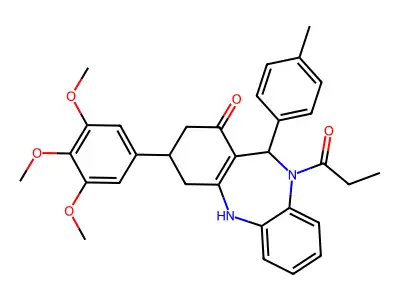 11-(4-methylphenyl)-10-propanoyl-3-(3,4,5-trimethoxyphenyl)-2,3,4,5,10,11-hexahydro-1H-dibenzo[b,e][1,4]diazepin-1-one structure