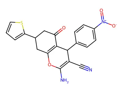 2-amino-4-(4-nitrophenyl)-5-oxo-7-(thiophen-2-yl)-5,6,7,8-tetrahydro-4H-chromene-3-carbonitrile structure