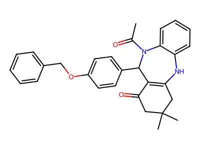 10-acetyl-11-[4-(benzyloxy)phenyl]-3,3-dimethyl-2,3,4,5,10,11-hexahydro-1H-dibenzo[b,e][1,4]diazepin-1-one structure