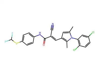 (E)-2-cyano-3-[1-(2,5-dichlorophenyl)-2,5-dimethylpyrrol-3-yl]-N-[4-(difluoromethylsulfanyl)phenyl]prop-2-enamide structure