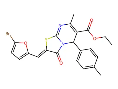 (Z)-ethyl 2-((5-bromofuran-2-yl)methylene)-7-methyl-3-oxo-5-(p-tolyl)-3,5-dihydro-2H-thiazolo[3,2-a]pyrimidine-6-carboxylate structure