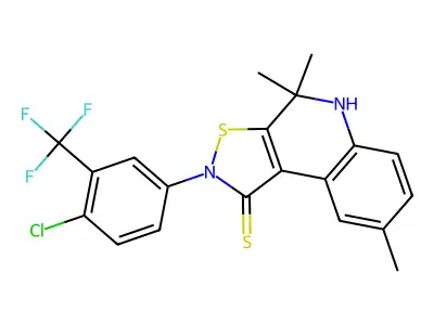2-(4-chloro-3-(trifluoromethyl)phenyl)-4,4,8-trimethyl-4,5-dihydroisothiazolo[5,4-c]quinoline-1(2H)-thione structure