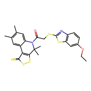 5-{[(6-ethoxy-1,3-benzothiazol-2-yl)thio]acetyl}-4,4,7,8-tetramethyl-4,5-dihydro-1H-[1,2]dithiolo[3,4-c]quinoline-1-thione structure
