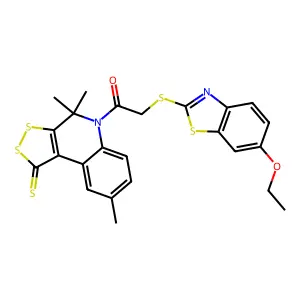5-{[(6-ethoxy-1,3-benzothiazol-2-yl)thio]acetyl}-4,4,8-trimethyl-4,5-dihydro-1H-[1,2]dithiolo[3,4-c]quinoline-1-thione structure