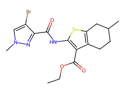 ethyl 2-{[(4-bromo-1-methyl-1H-pyrazol-3-yl)carbonyl]amino}-6-methyl-4,5,6,7-tetrahydro-1-benzothiophene-3-carboxylate structure