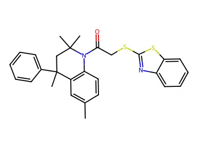 2-(1,3-benzothiazol-2-ylsulfanyl)-1-(2,2,4,6-tetramethyl-4-phenyl-3,4-dihydroquinolin-1(2H)-yl)ethanone structure