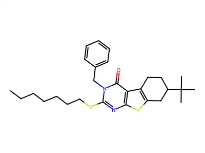 3-benzyl-7-tert-butyl-2-(heptylsulfanyl)-5,6,7,8-tetrahydro[1]benzothieno[2,3-d]pyrimidin-4(3H)-one structure