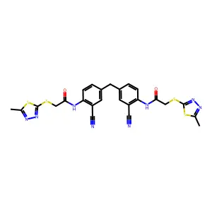 N-[2-cyano-4-[[3-cyano-4-[[2-[(5-methyl-1,3,4-thiadiazol-2-yl)sulfanyl]acetyl]amino]phenyl]methyl]phenyl]-2-[(5-methyl-1,3,4-thiadiazol-2-yl)sulfanyl]acetamide structure