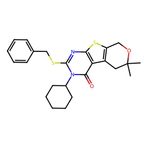 2-(benzylsulfanyl)-3-cyclohexyl-6,6-dimethyl-3,5,6,8-tetrahydro-4H-pyrano[4',3':4,5]thieno[2,3-d]pyrimidin-4-one structure