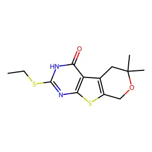 2-(ethylsulfanyl)-6,6-dimethyl-3,5,6,8-tetrahydro-4H-pyrano[4',3':4,5]thieno[2,3-d]pyrimidin-4-one structure