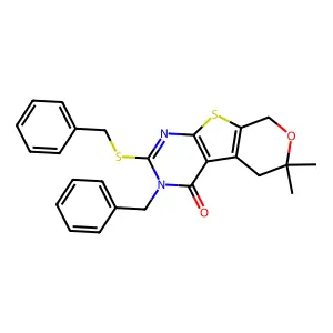 3-benzyl-2-(benzylsulfanyl)-6,6-dimethyl-3,5,6,8-tetrahydro-4H-pyrano[4',3':4,5]thieno[2,3-d]pyrimidin-4-one structure