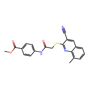 Methyl 4-[2-(3-cyano-8-methyl-2-quinolylthio)acetylamino]benzoate structure
