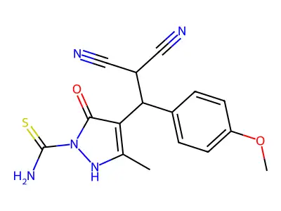 4-[2,2-dicyano-1-(4-methoxyphenyl)ethyl]-5-hydroxy-3-methyl-1H-pyrazole-1-carbothioamide structure