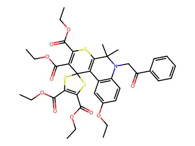 tetraethyl 9'-ethoxy-5',5'-dimethyl-6'-(2-oxo-2-phenylethyl)-5',6'-dihydrospiro[1,3-dithiole-2,1'-thiopyrano[2,3-c]quinoline]-2',3',4,5-tetracarboxylate structure