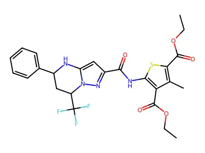 diethyl 3-methyl-5-({[5-phenyl-7-(trifluoromethyl)-4,5,6,7-tetrahydropyrazolo[1,5-a]pyrimidin-2-yl]carbonyl}amino)thiophene-2,4-dicarboxylate structure