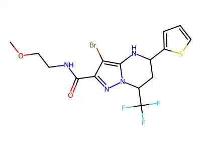 3-bromo-N-(2-methoxyethyl)-5-(thiophen-2-yl)-7-(trifluoromethyl)-4,5,6,7-tetrahydropyrazolo[1,5-a]pyrimidine-2-carboxamide structure