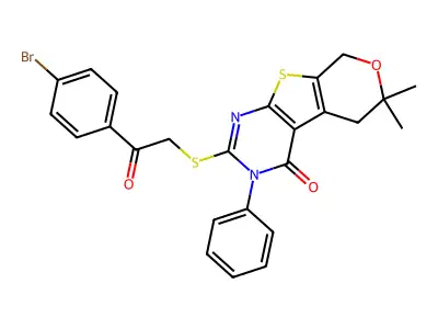 2-{[2-(4-bromophenyl)-2-oxoethyl]sulfanyl}-6,6-dimethyl-3-phenyl-3,5,6,8-tetrahydro-4H-pyrano[4',3':4,5]thieno[2,3-d]pyrimidin-4-one structure