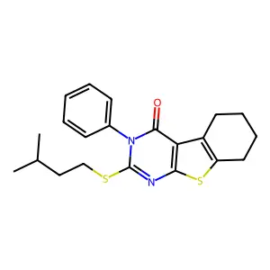 2-(isopentylsulfanyl)-3-phenyl-5,6,7,8-tetrahydro[1]benzothieno[2,3-d]pyrimidin-4(3H)-one structure