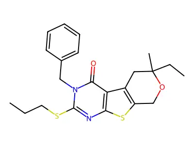 3-benzyl-6-ethyl-6-methyl-2-(propylsulfanyl)-3,5,6,8-tetrahydro-4H-pyrano[4',3':4,5]thieno[2,3-d]pyrimidin-4-one structure