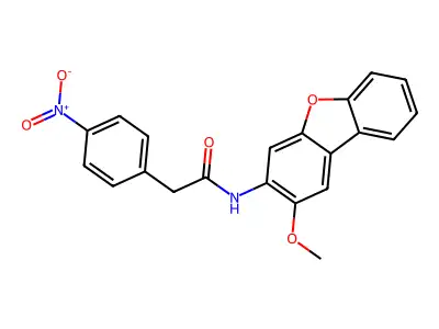 N-(2-methoxydibenzofuran-3-yl)-2-(4-nitrophenyl)acetamide structure