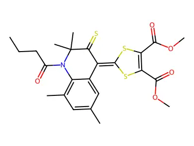 dimethyl 2-(1-butanoyl-2,2,6,8-tetramethyl-3-thioxo-2,3-dihydroquinolin-4(1H)-ylidene)-1,3-dithiole-4,5-dicarboxylate structure