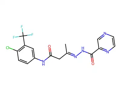 (3E)-N-[4-chloro-3-(trifluoromethyl)phenyl]-3-[2-(pyrazin-2-ylcarbonyl)hydrazinylidene]butanamide structure