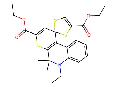 diethyl 6-ethyl-5,5-dimethyl-5,6-dihydrospiro(1H-thiopyrano[2,3-c]quinoline-1,2'-[1,3]-dithiole)-3,4'-dicarboxylate structure
