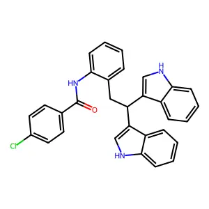 4-chloro-N-(2-(2,2-di(1H-indol-3-yl)ethyl)phenyl)benzamide structure