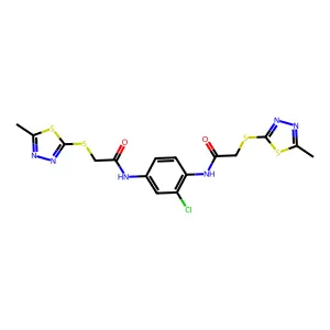 N-[3-chloro-4-[[2-[(5-methyl-1,3,4-thiadiazol-2-yl)sulfanyl]acetyl]amino]phenyl]-2-[(5-methyl-1,3,4-thiadiazol-2-yl)sulfanyl]acetamide structure