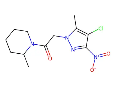 2-(4-chloro-5-methyl-3-nitro-1H-pyrazol-1-yl)-1-(2-methylpiperidin-1-yl)ethanone structure