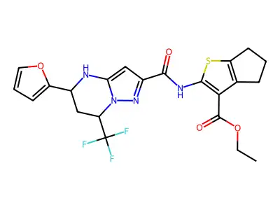 ethyl 2-({[5-(2-furyl)-7-(trifluoromethyl)-4,5,6,7-tetrahydropyrazolo[1,5-a]pyrimidin-2-yl]carbonyl}amino)-5,6-dihydro-4H-cyclopenta[b]thiophene-3-carboxylate structure