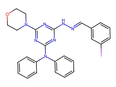 2-N-[(3-iodophenyl)methylideneamino]-6-morpholin-4-yl-4-N,4-N-diphenyl-1,3,5-triazine-2,4-diamine structure