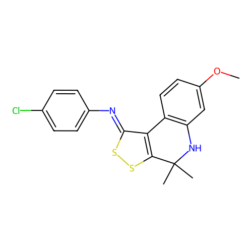 N-(4-chlorophenyl)-7-methoxy-4,4-dimethyl-5H-dithiolo[3,4-c]quinolin-1-imine structure