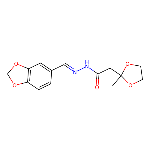 N-[(E)-1,3-benzodioxol-5-ylmethylideneamino]-2-(2-methyl-1,3-dioxolan-2-yl)acetamide structure