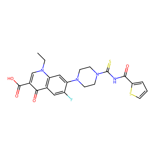 1-ethyl-6-fluoro-4-oxo-7-(4-((thiophene-2-carbonyl)carbamothioyl)piperazin-1-yl)-1,4-dihydroquinoline-3-carboxylic acid structure