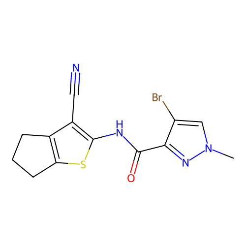 4-bromo-N-(3-cyano-5,6-dihydro-4H-cyclopenta[b]thiophen-2-yl)-1-methyl-1H-pyrazole-3-carboxamide structure