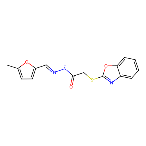 N-[(1E)-2-(5-methyl(2-furyl))-1-azavinyl]-2-benzoxazol-2-ylthioacetamide structure
